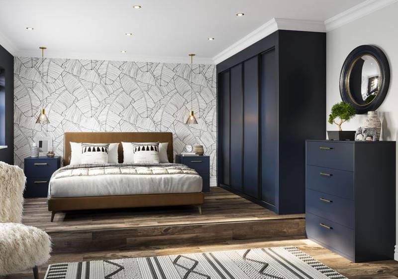 Bedroom featuring Glide door Nebula wardrobe in Indigo with matching chest of drawers