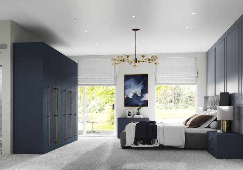 Bedroom featuring Nebula Matt Indigo wardrobes and bedside table