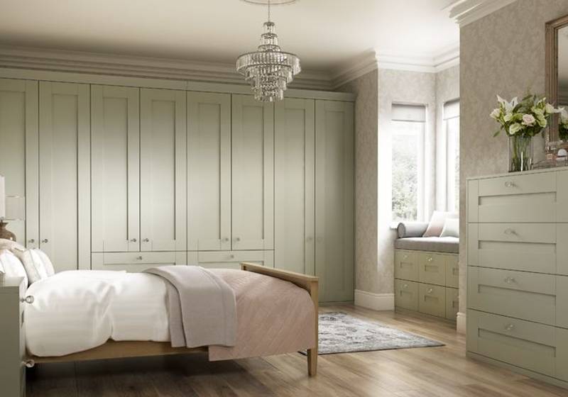 Bedroom featuring Orion wardrobe and chest of drawers in Sage